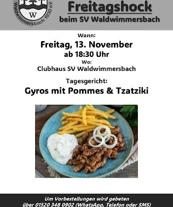Einladung zum Freitagshock beim SV Waldwimmersbach am 13. November 2026 mit Gyros, Pommes und Tzatziki